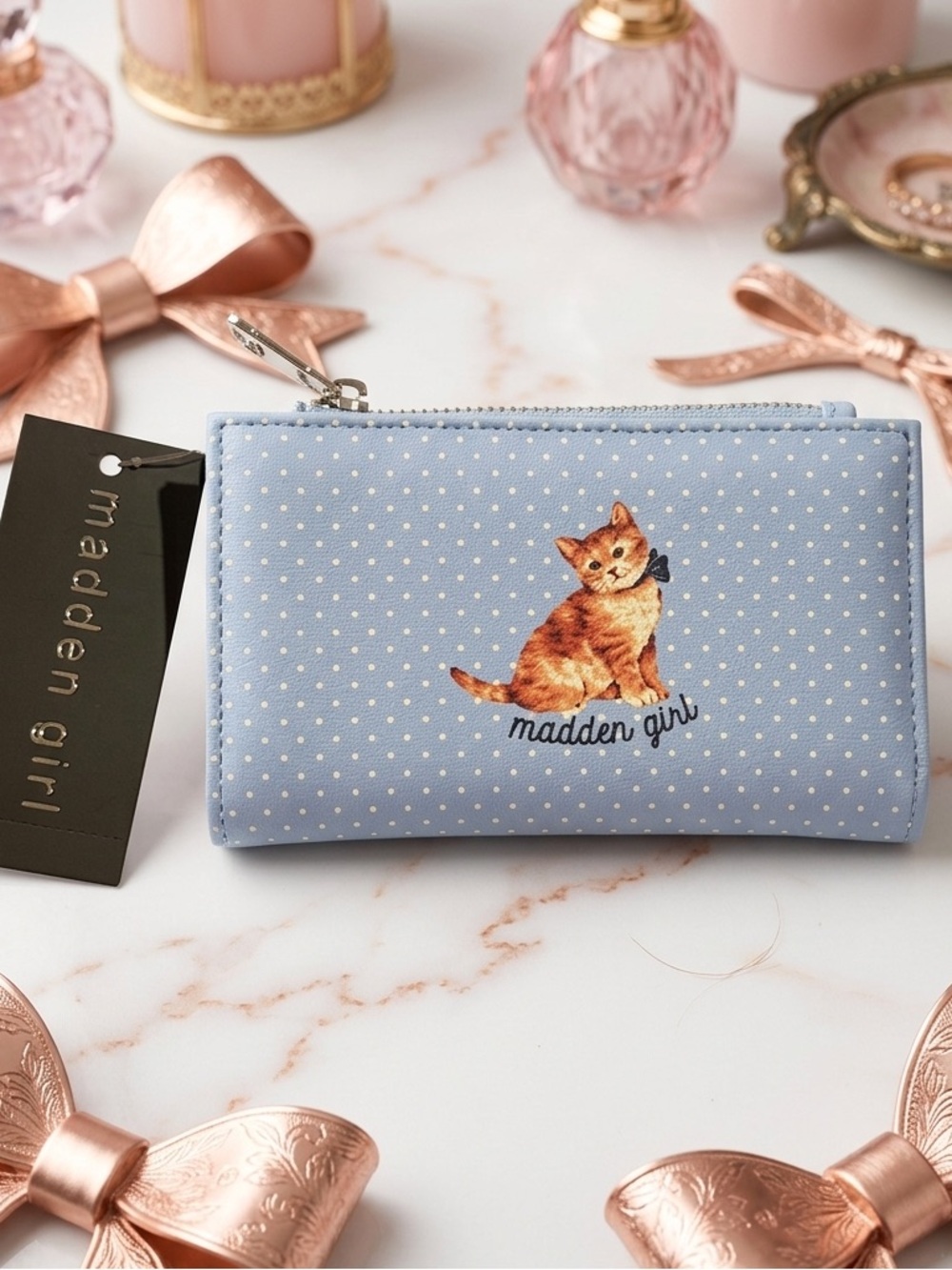 MADDEN GIRL Blue Polka Dot Cat Zip Wallet NWT